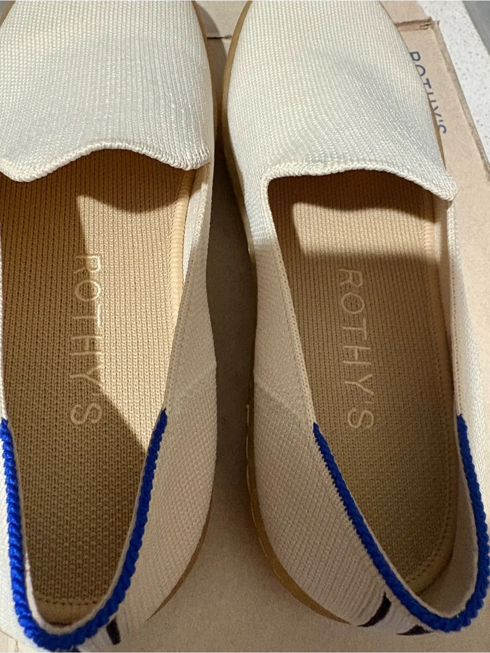 Rothy's Cream Espadrille Flats with Blue and Black Stripes